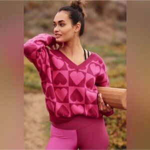 Anthropologie Beach Riot Joey Oversized V-Neck Heart Sweater Cherry Girl Knit XS